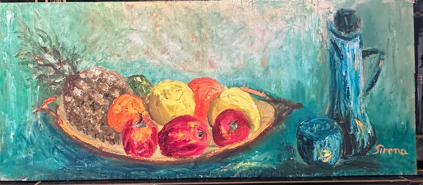 Vintage MCM still life on panel: fruit bowl with pineapple and apples beside a blue pitcher and glass, signed Sirena.