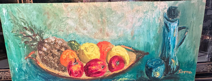 Vintage MCM still life on panel, wide view of fruit bowl, blue pitcher and glass on a teal ground, signed Sirena.