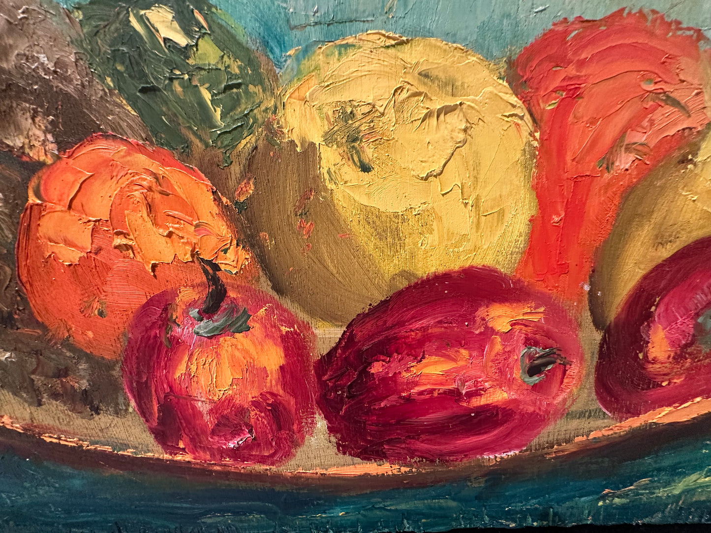 Detail of the still life: impasto apples, oranges and pear in a bowl with vivid palette-knife texture.