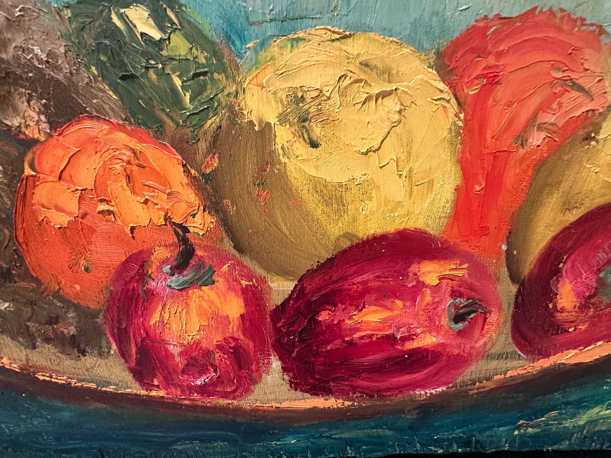 Detail of the still life: impasto apples, oranges and pear in a bowl with vivid palette-knife texture.