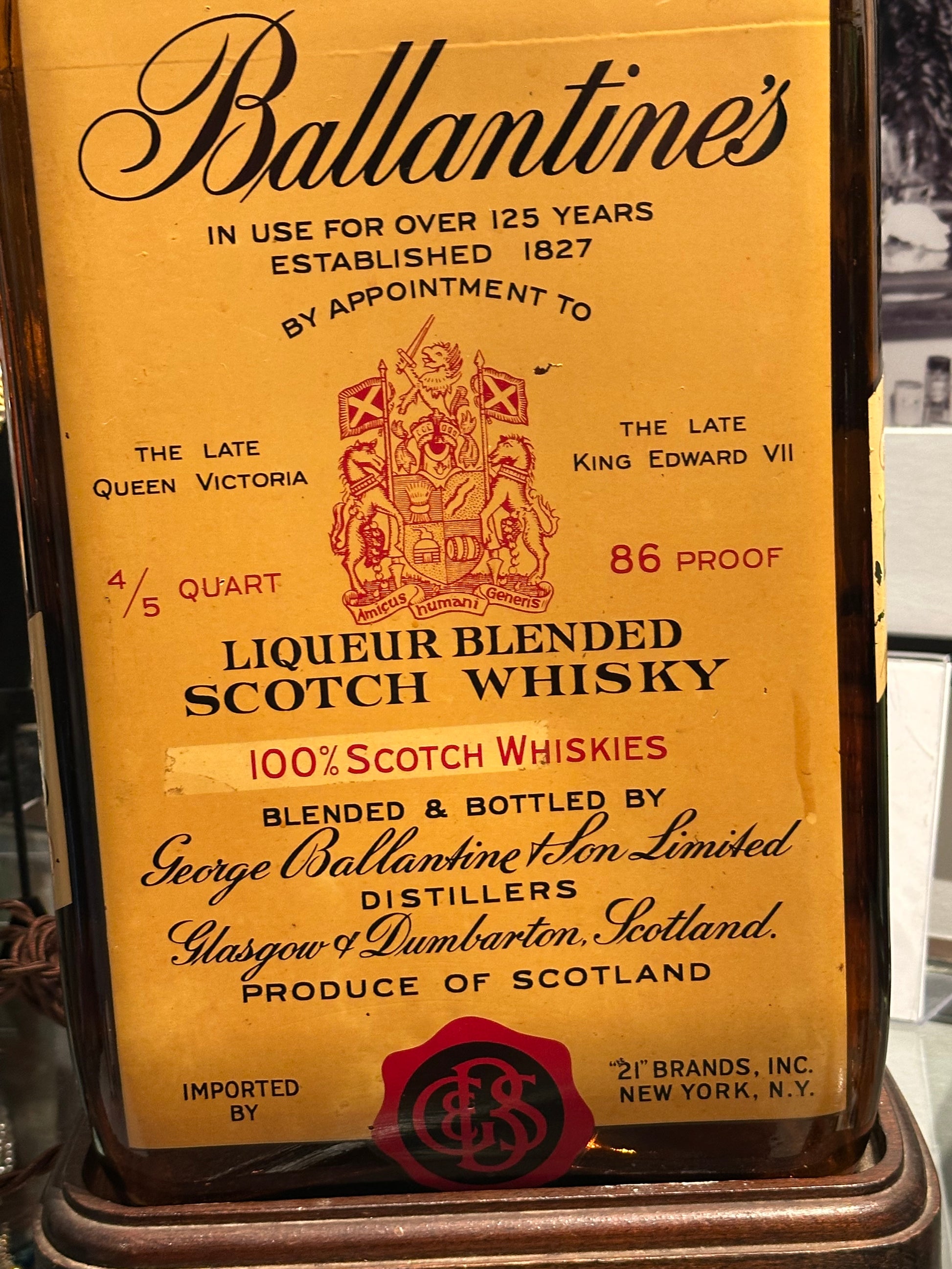 Close-up of the Ballantine's Scotch Whisky label showing the royal crest and lettering