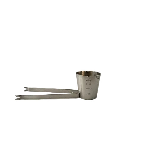 Napier silverplate 4-in-1 bar tool, jigger cup and folding ice tongs laid flat, alternate angle.