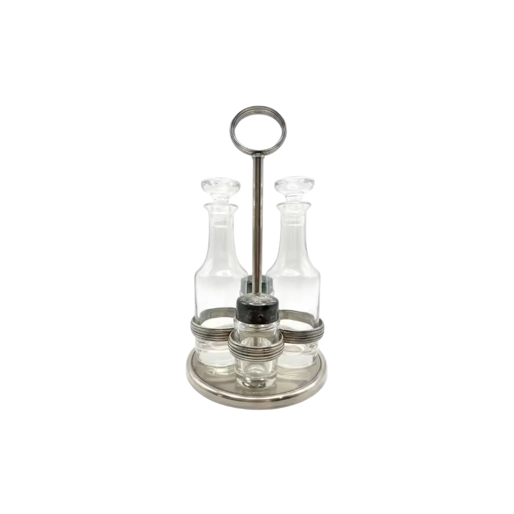 Vintage MCM silverplate cruet set: glass bottles and shakers in a footed stand with ring handle.
