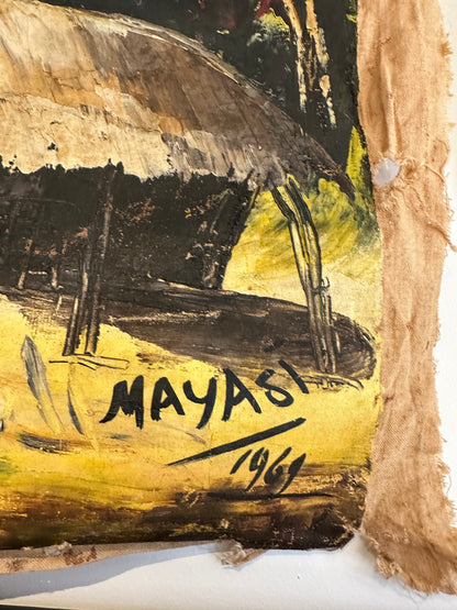 Close-up of painting's lower corner showing 'Mayasi 1969' signature and frayed flour-sack edge