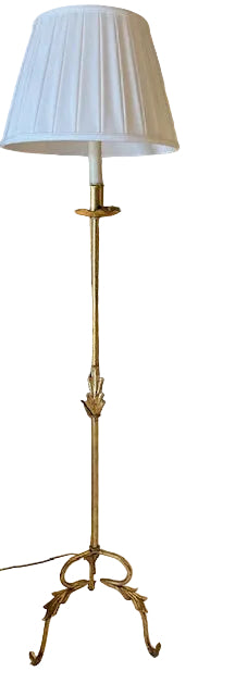 Gilt MCM Hollywood Regency floor lamp shown with pleated white drum shade