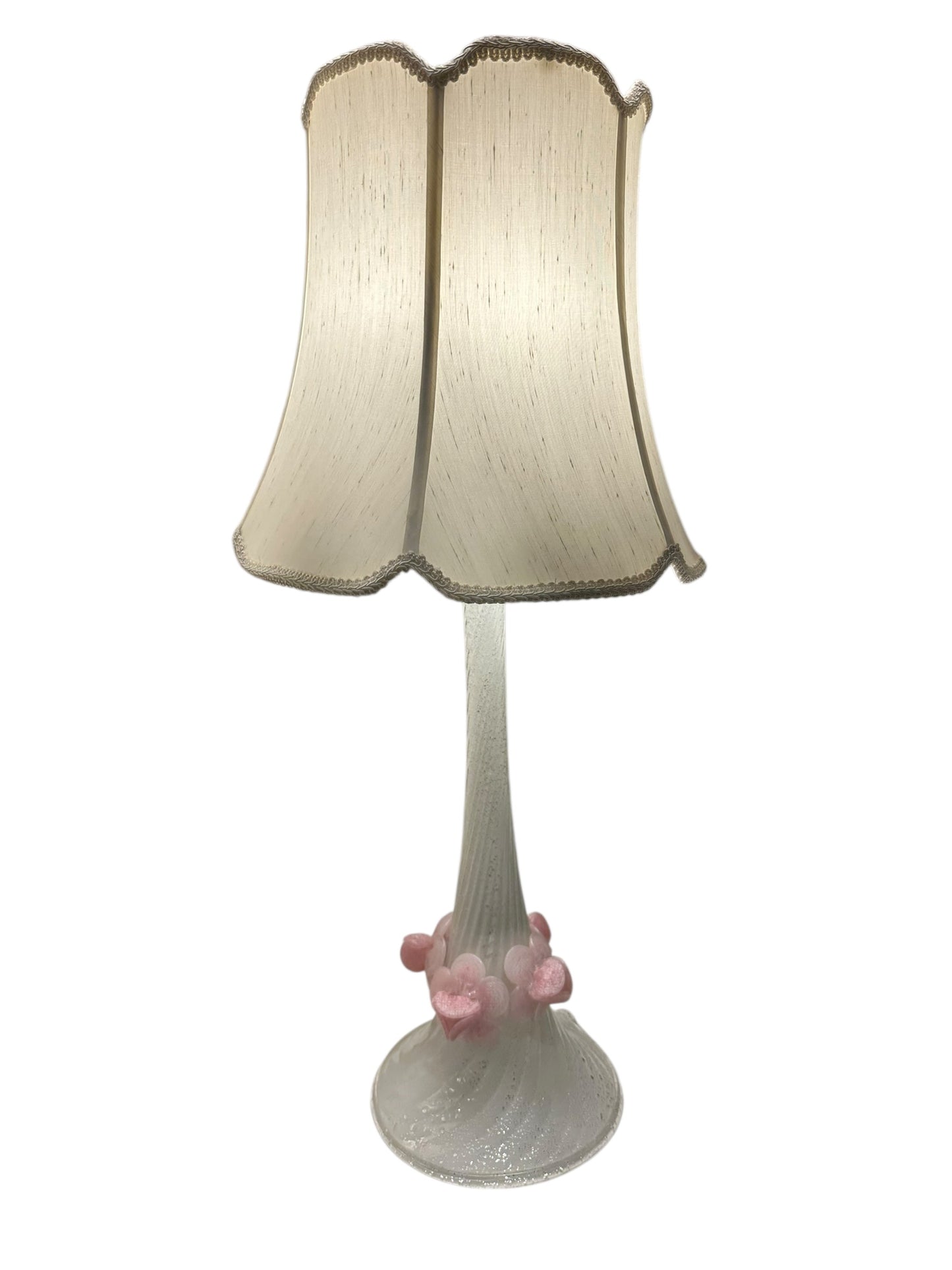 Single white Murano glass lamp, cream bell shade, pink glass flowers on textured body