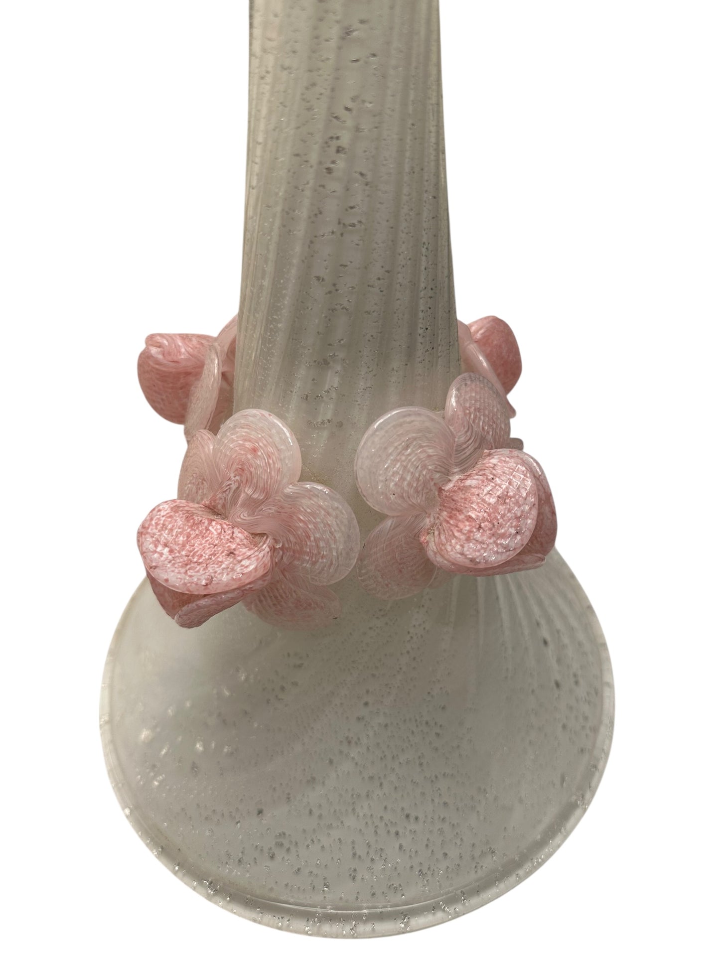 Close-up of pink applied glass flowers around the Murano lamp's bubbled white base