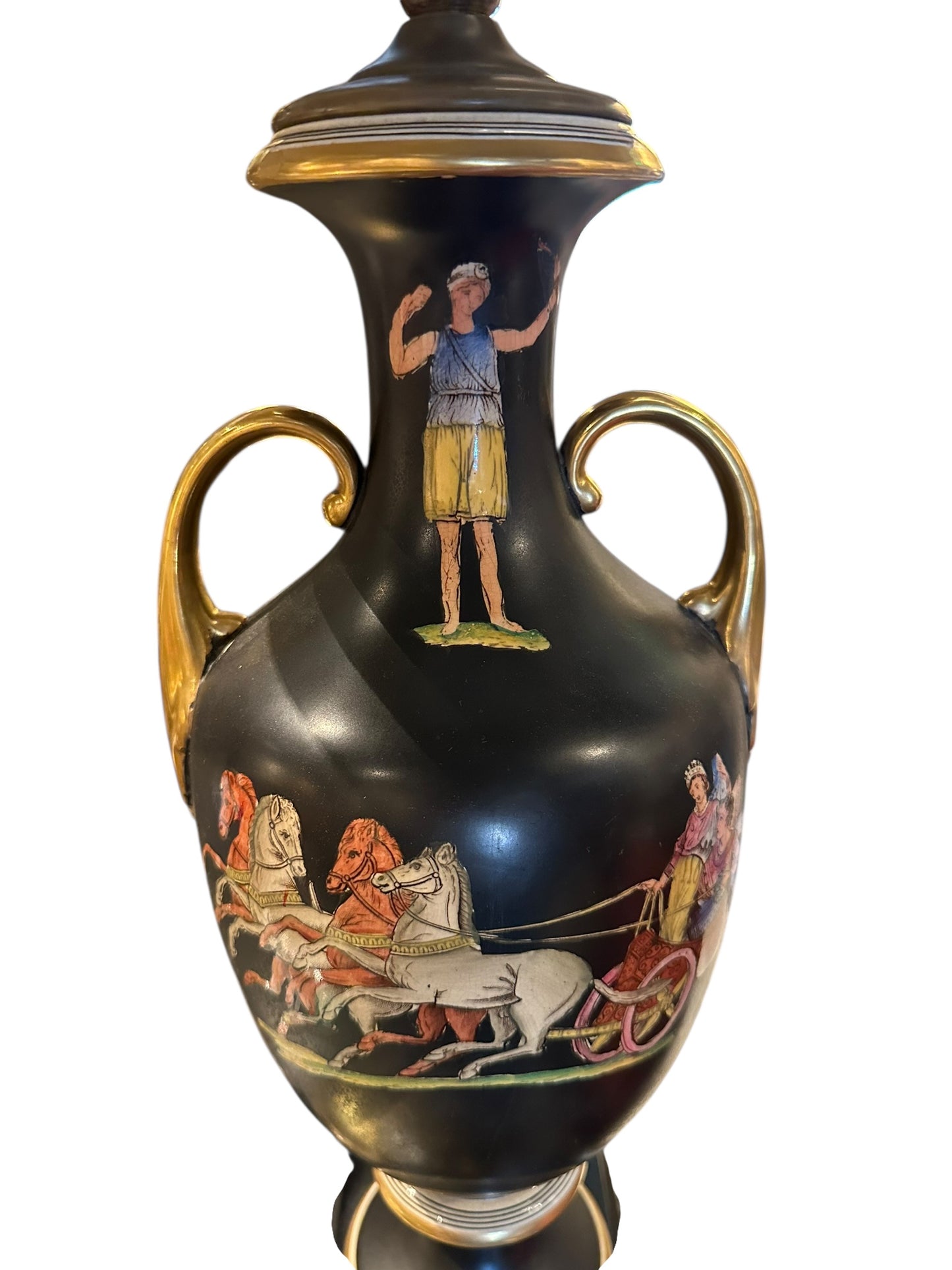 Black lamp's reverse with painted horse-drawn chariot scene and gilt scroll handles