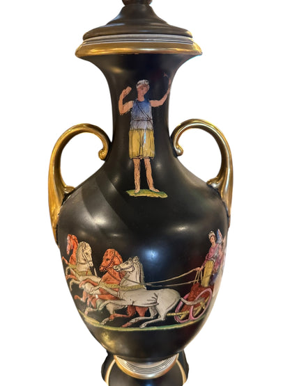 Black lamp's reverse with painted horse-drawn chariot scene and gilt scroll handles