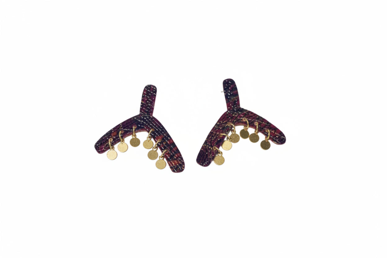 Artisan recycled-leather earrings in wine-toned tooled wishbone shape with dangling brass discs