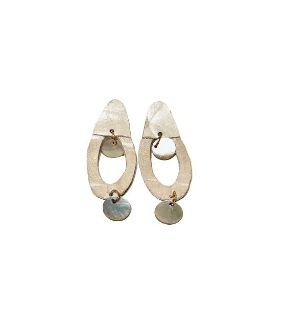 Artisan recycled-leather earrings, platinum oval shapes with mother-of-pearl drop discs
