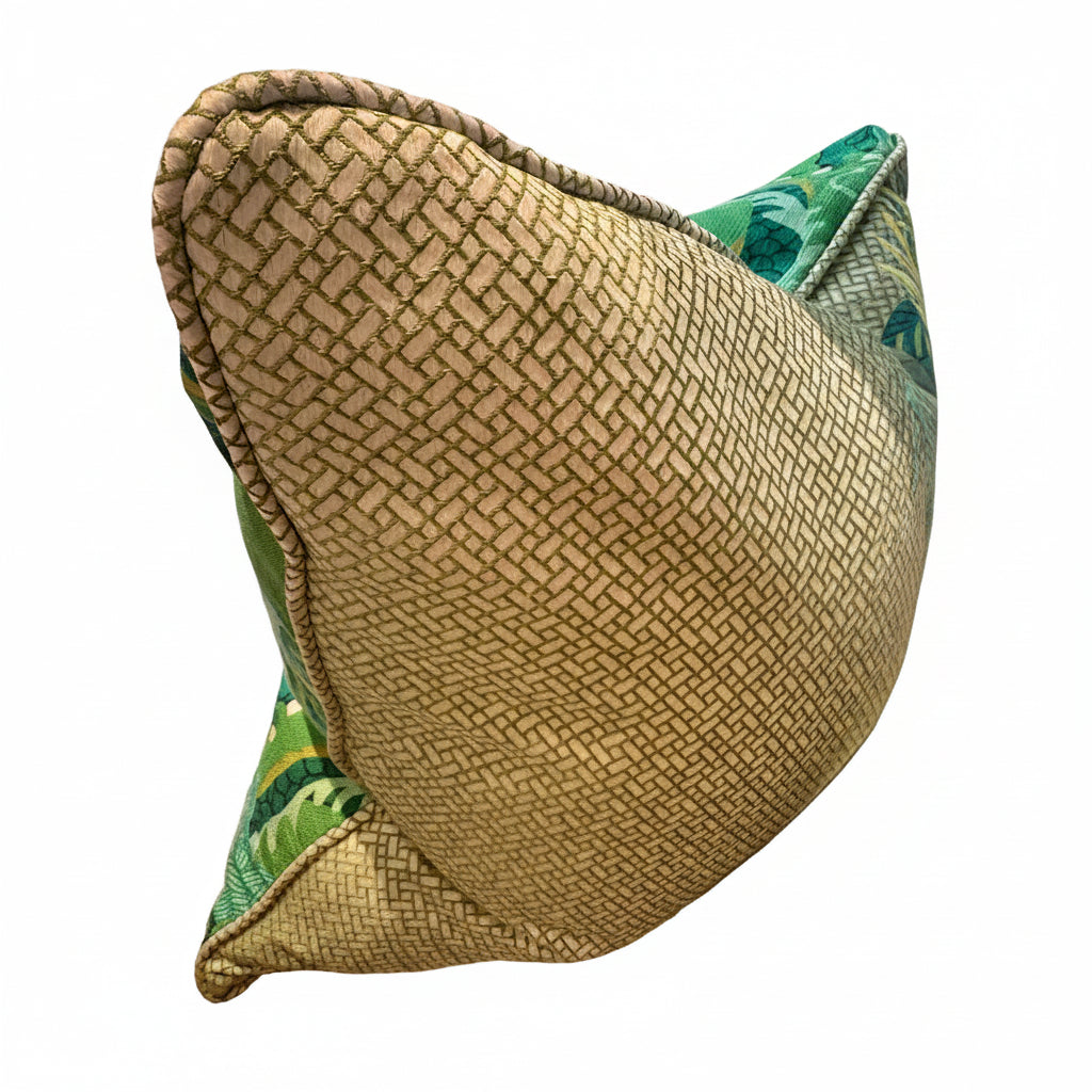 Jade dragon throw pillow, view of the woven tan lattice back with corded edge