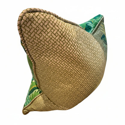 Jade dragon throw pillow, view of the woven tan lattice back with corded edge