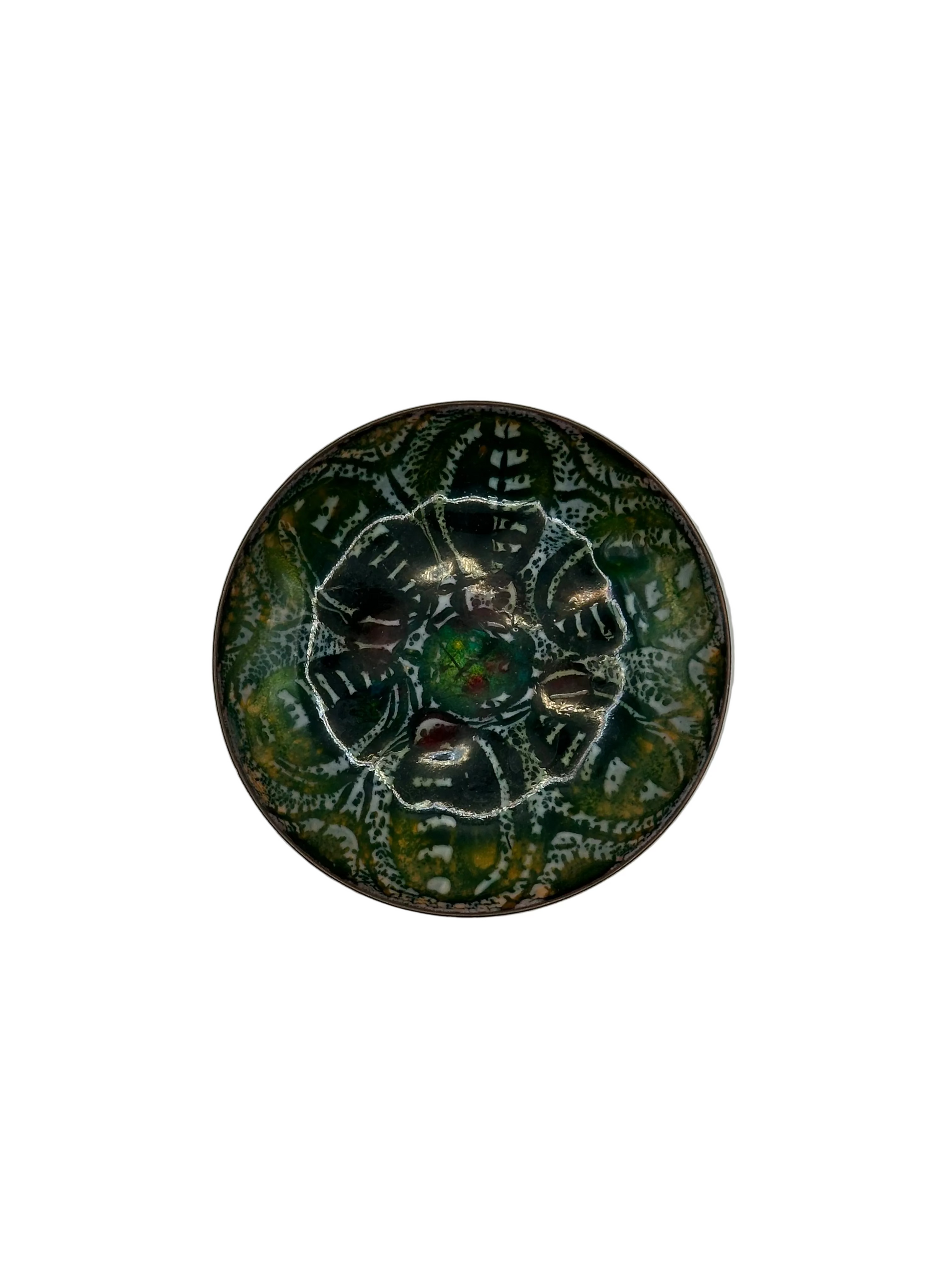 Doris Hall enamel dish, overhead view of multicolored green floral motif with green center
