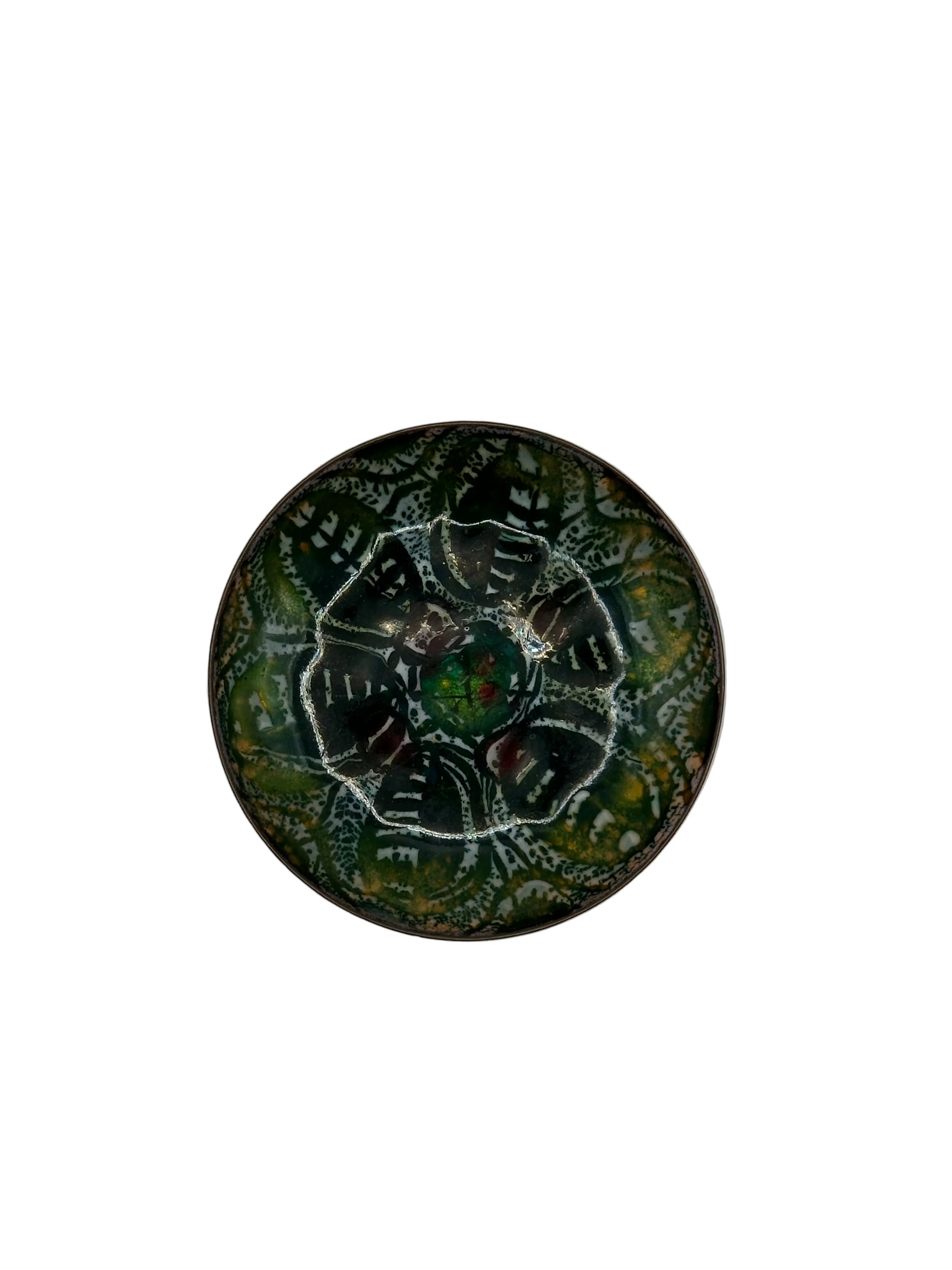 Doris Hall enamel-on-copper dish, overhead view of dark green abstract floral design with raised center