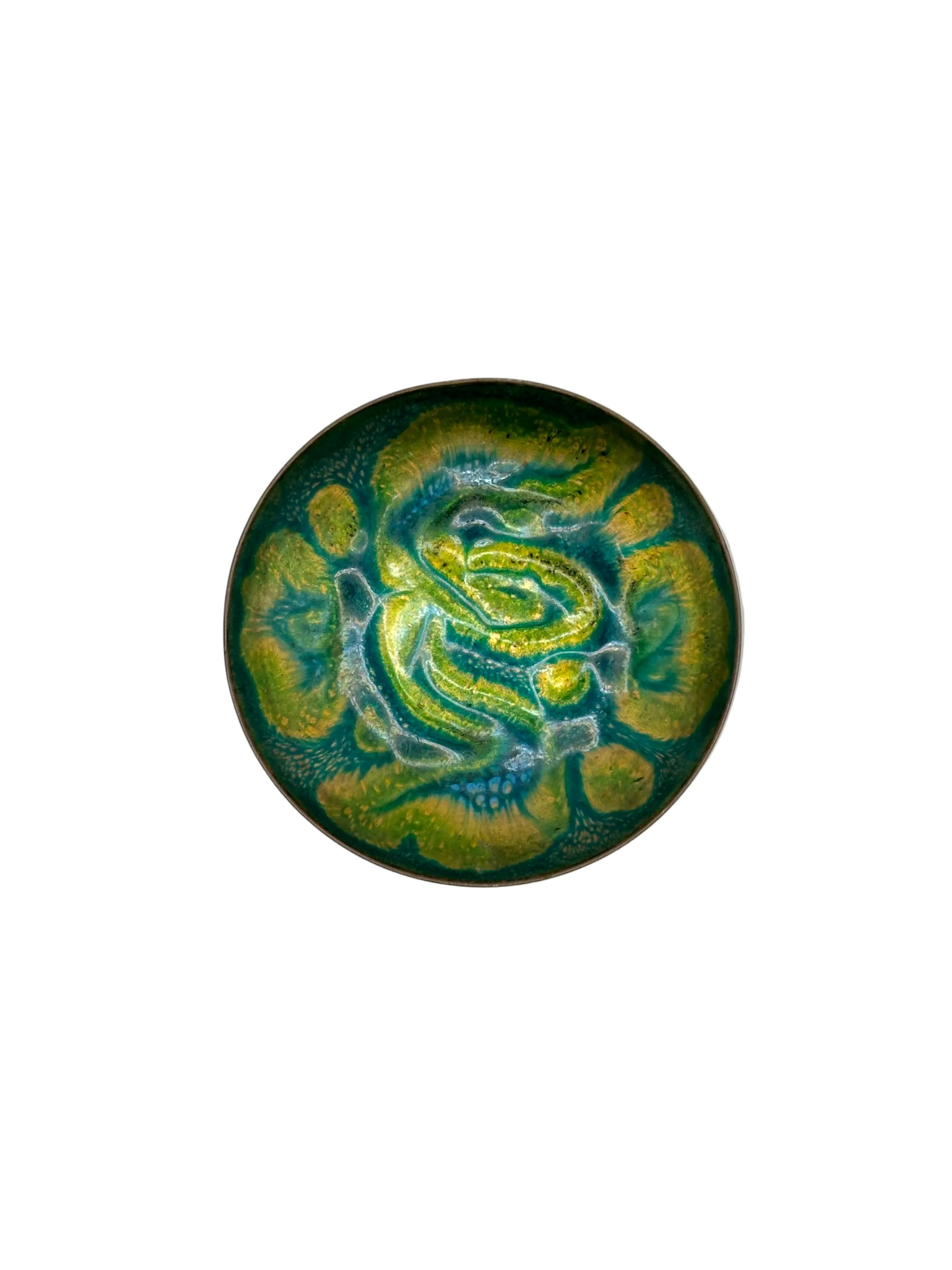 Doris Hall small enamel-on-copper dish, swirling green, yellow and teal abstract glaze, top view