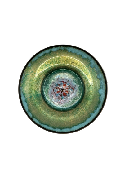 Doris Hall petite enamel-on-copper dish, glossy green glaze with teal rim and red-turquoise floral center