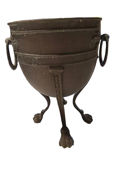 Bronze jardiniere bowl with ring handles on tripod paw-foot legs