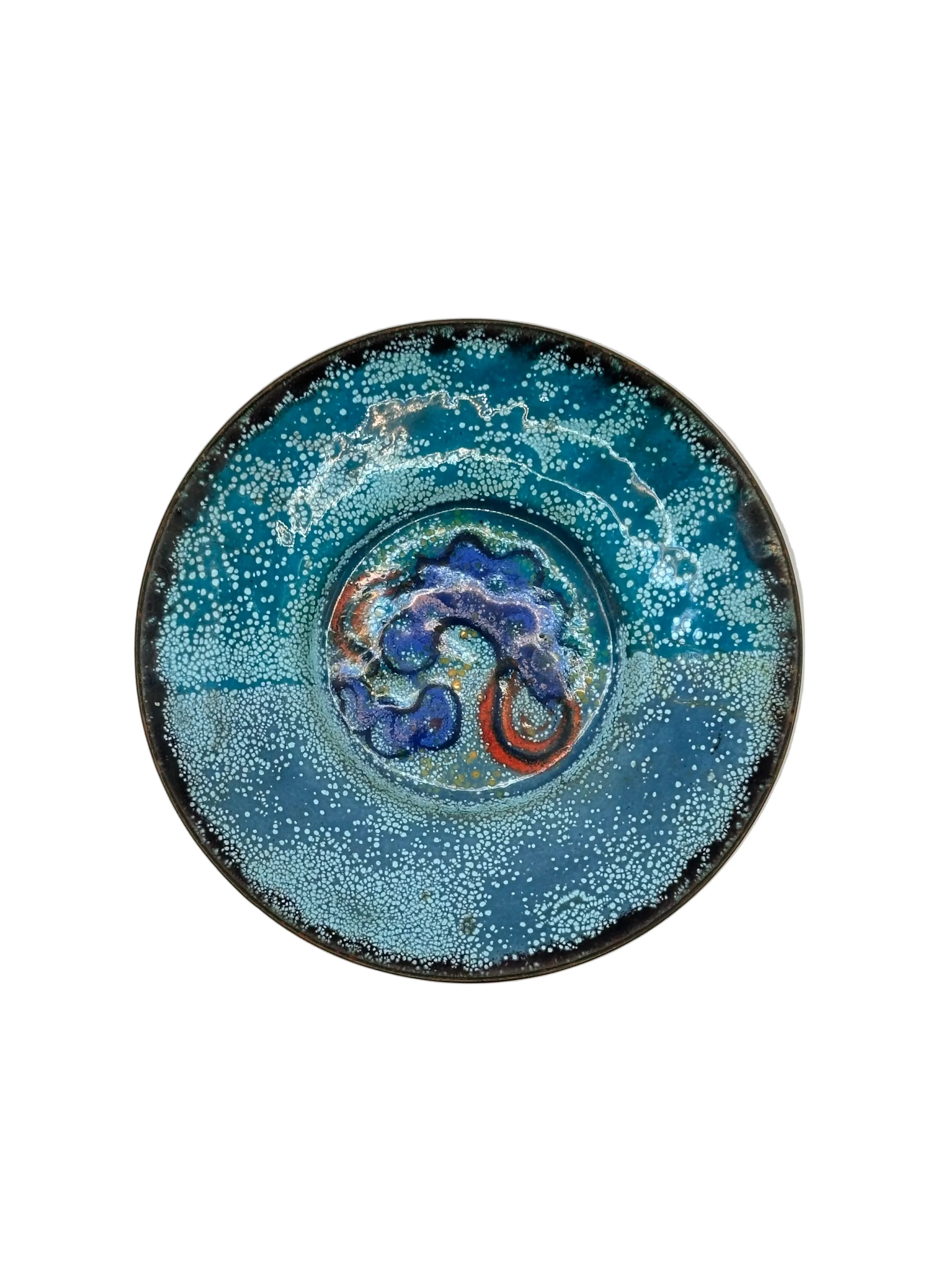 Doris Hall enamel-on-copper dish, turquoise speckled glaze with cobalt-blue and red abstract swirl center