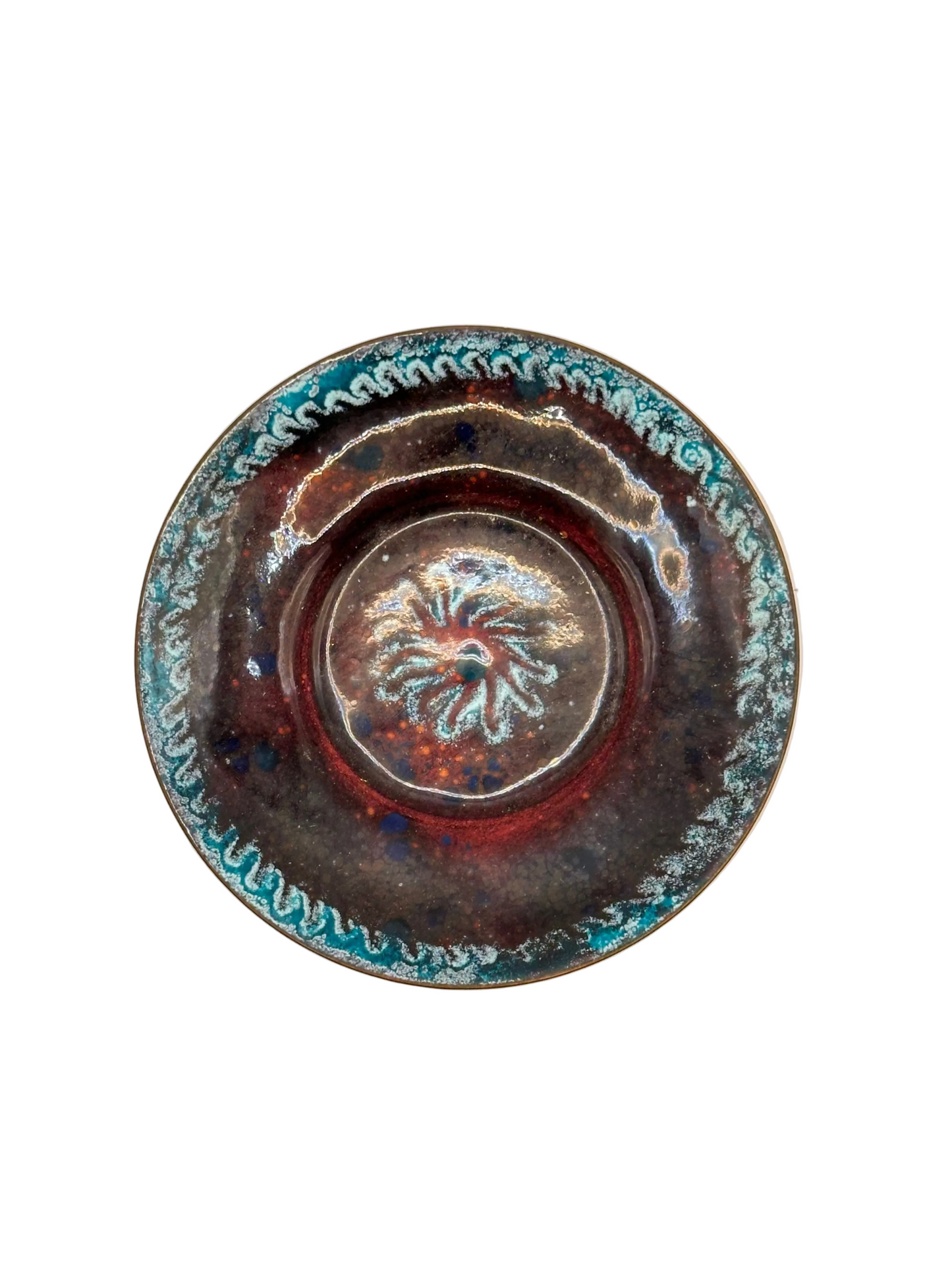 Doris Hall enamel-on-copper dish with red, brown and turquoise abstract glaze, front view