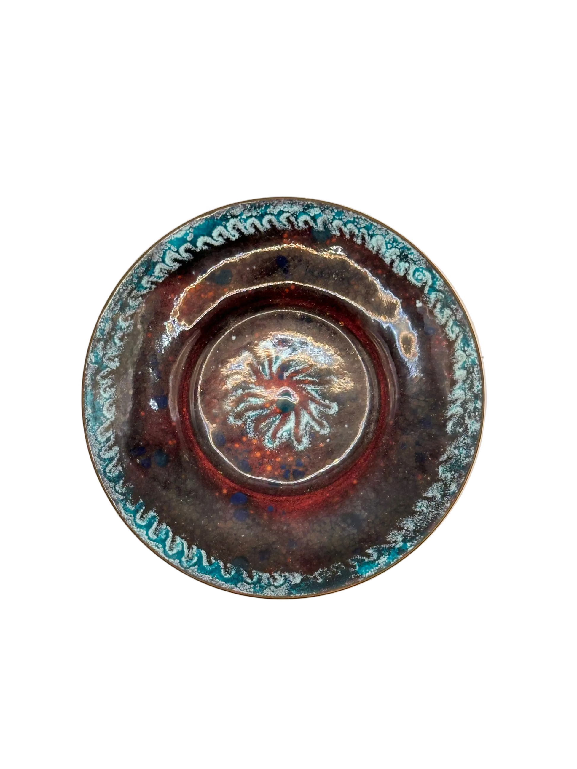 Doris Hall enamel-on-copper dish with red, brown and turquoise abstract glaze, front view