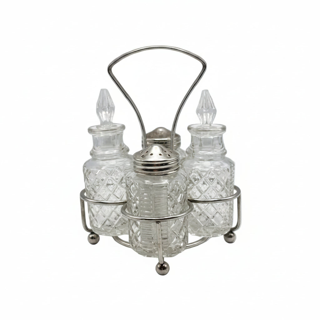 Vintage 4-piece cut-glass cruet set with pointed stoppers and a shaker in a footed silverplate stand.