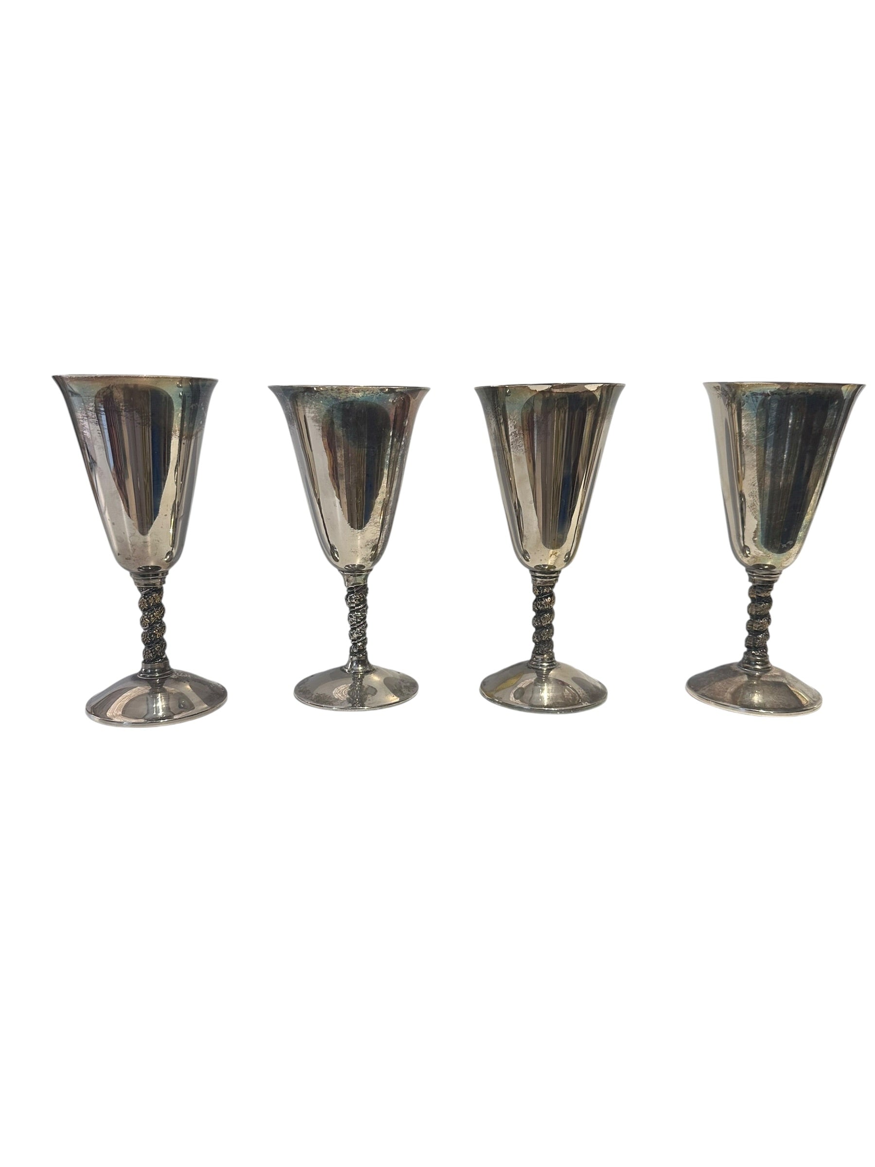 Set of four silver-plated goblets with twisted vine-wrapped stems, front view