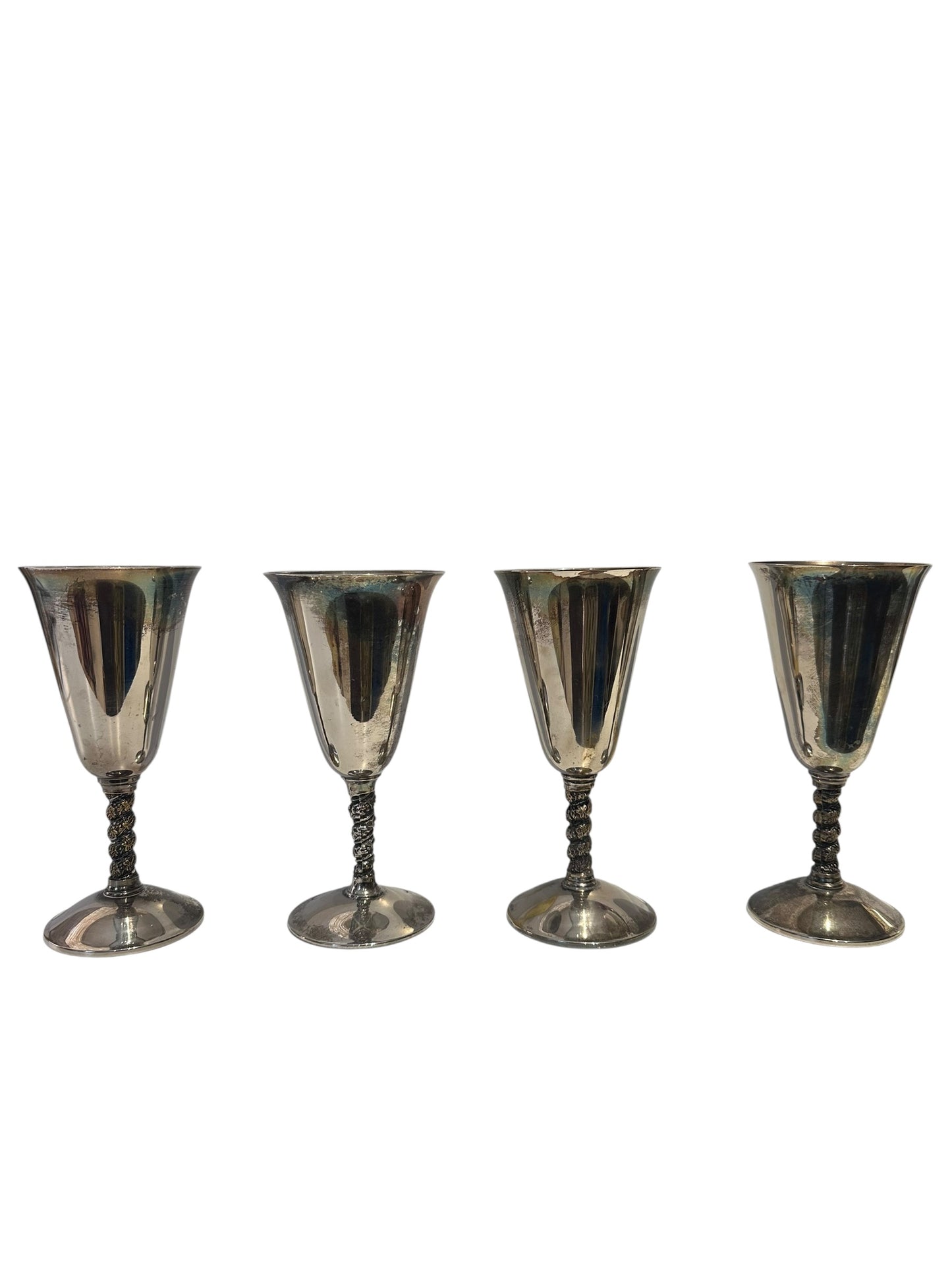 Set of four silver-plated vine-stem goblets, front view on white background