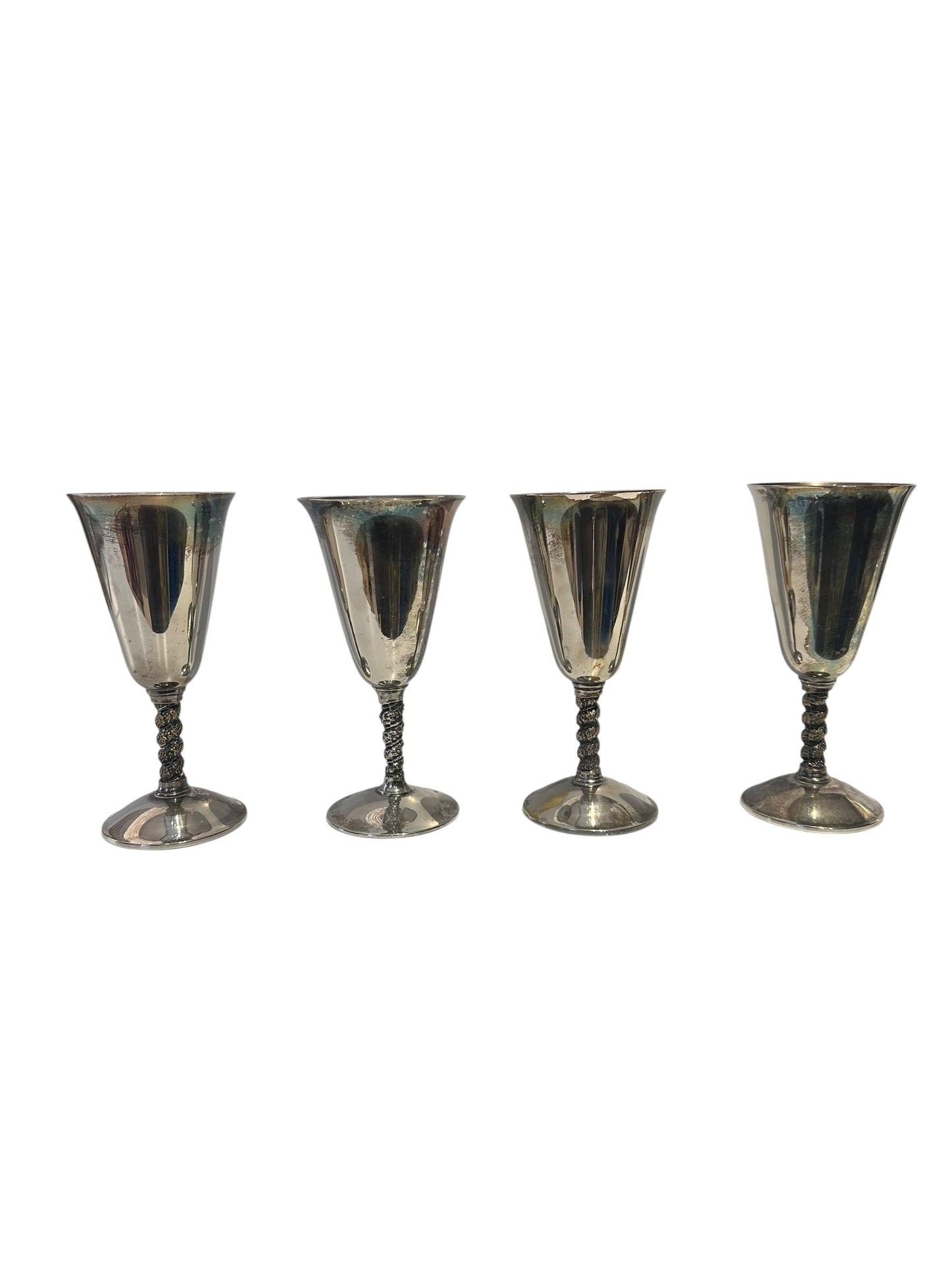 Set of four silver-plated goblets with vine-wrapped stems, angled view