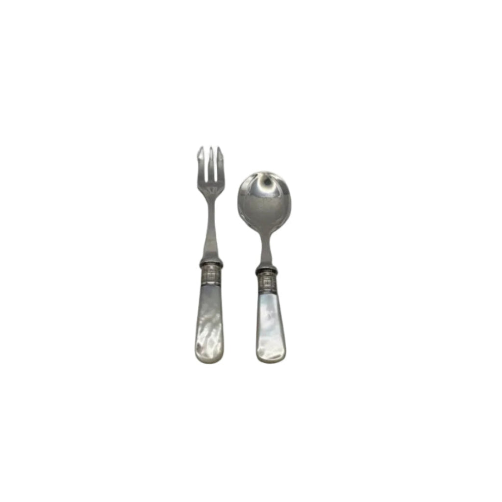 Vintage silver plate and mother-of-pearl fork and spoon serving set on white background