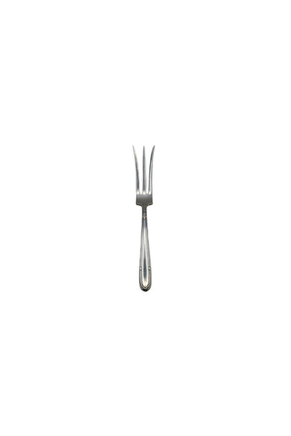 Three-tine sterling pickle or olive fork with beaded handle, front view