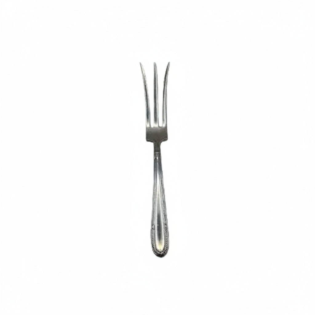 Three-tine sterling pickle fork, full view of beaded handle and tines