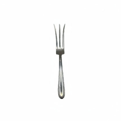 Three-tine sterling pickle fork, full view of beaded handle and tines
