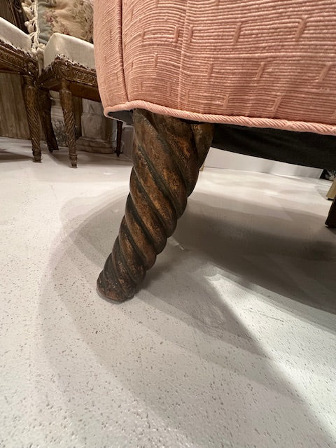 Antique pink coral boudoir chair, close-up of the spiral barley-twist carved wood leg