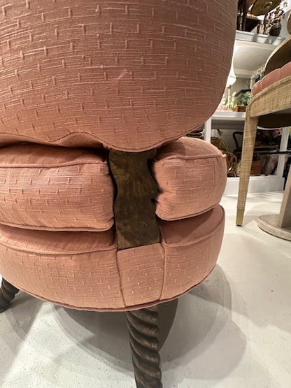 Antique pink coral boudoir chair, side detail showing gap between back and seat and twist leg