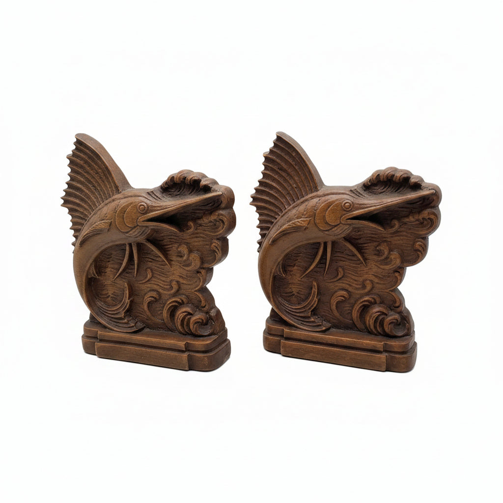Vintage MCM carved wood sailfish bookends, pair facing each other, front view