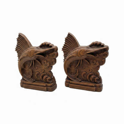 Vintage MCM carved wood sailfish bookends, pair facing each other, front view