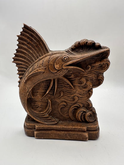 Single MCM carved wood sailfish bookend with raised dorsal fin, side view
