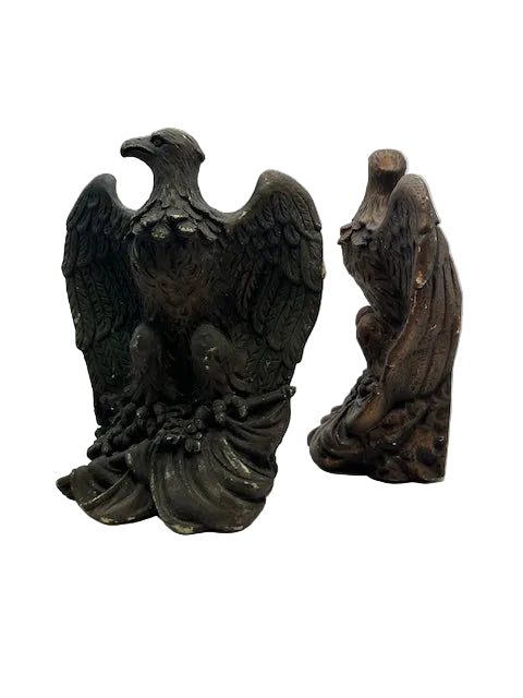 Eagle bookends shown front and side, perched on draped bases