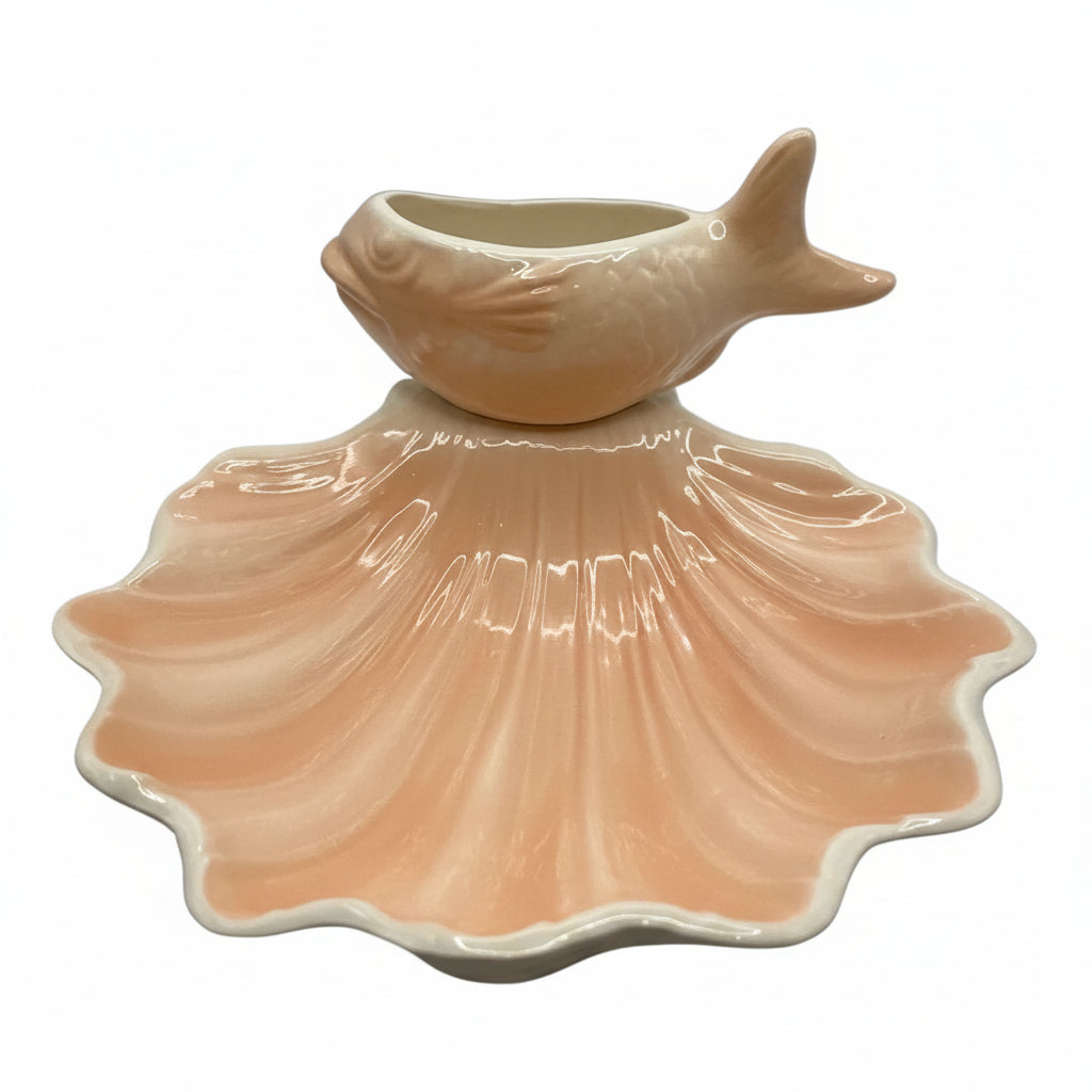 Vintage peach lustreware ceramic serving piece with fish-shaped bowl atop a scallop shell dish