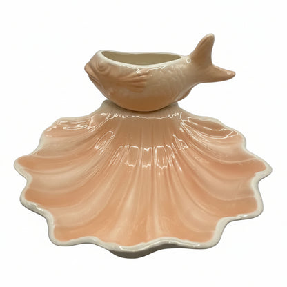 Vintage peach lustreware ceramic serving piece with fish-shaped bowl atop a scallop shell dish
