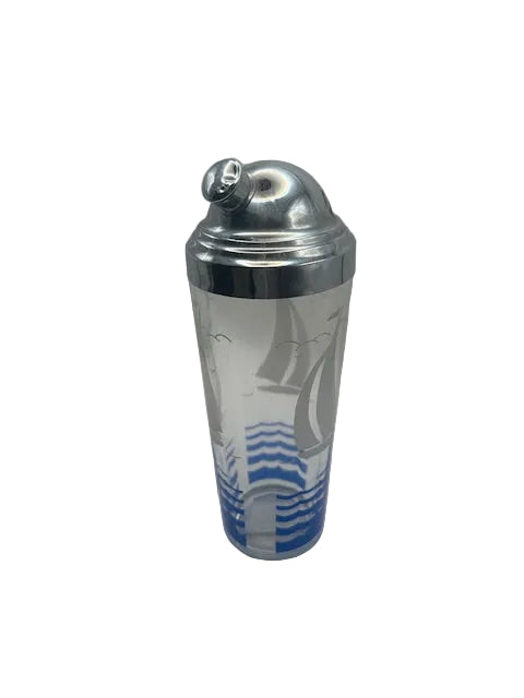 Hazel Atlas frosted glass cocktail shaker with chrome lid and etched sailboat and wave design