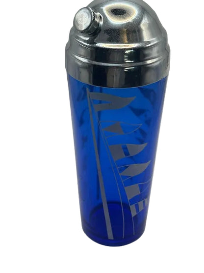Cobalt blue glass cocktail shaker with etched signal flags and domed chrome top
