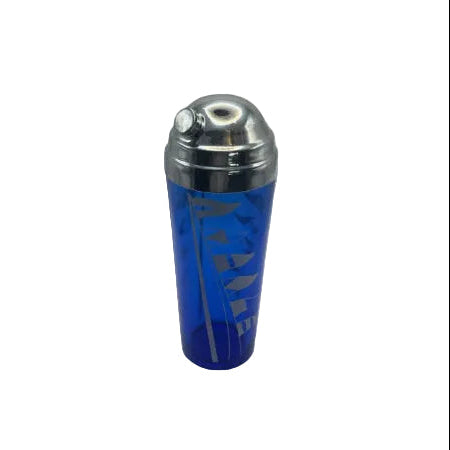 Cobalt blue cocktail shaker with chrome lid and etched nautical flags, front view