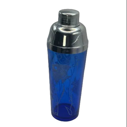 Vintage Hazel Atlas cobalt blue glass cocktail shaker with etched fish design and chrome lid