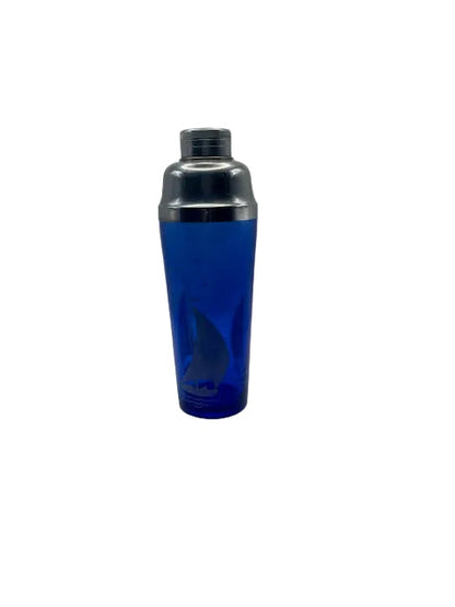 Cobalt blue sailboat cocktail shaker with chrome lid, angled view on white background