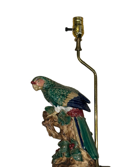 Vintage majolica-style ceramic parrot table lamp, green and blue parrot on a branch with brass fittings
