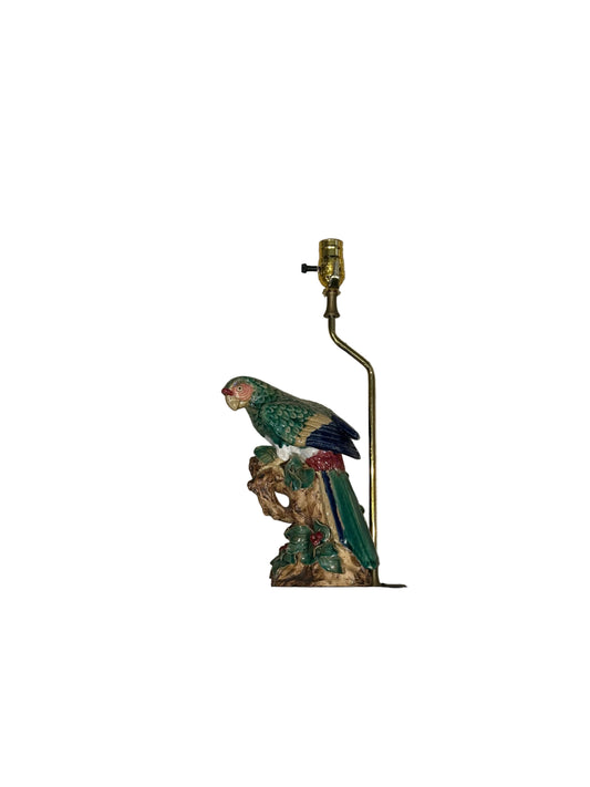 Vintage majolica-style ceramic parrot table lamp, green and blue parrot on a branch with brass fittings