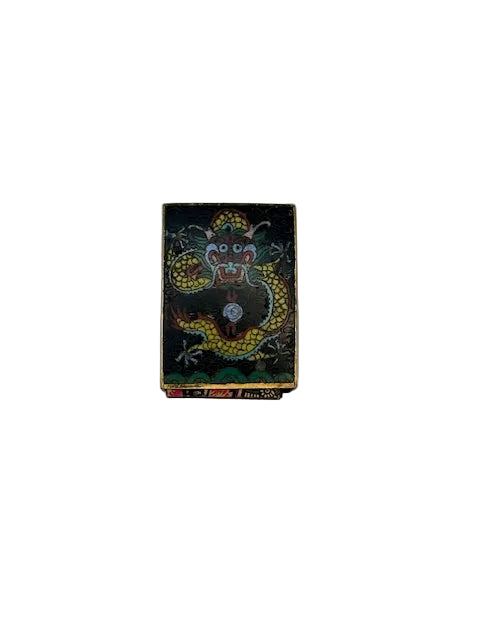 Vintage cloisonne matchbox cover with a gold dragon chasing a flaming pearl on black enamel