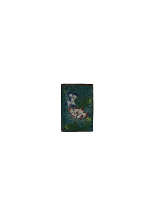 Vintage cloisonne matchbox cover with pink and blue enamel flowers on an aqua scrolled ground